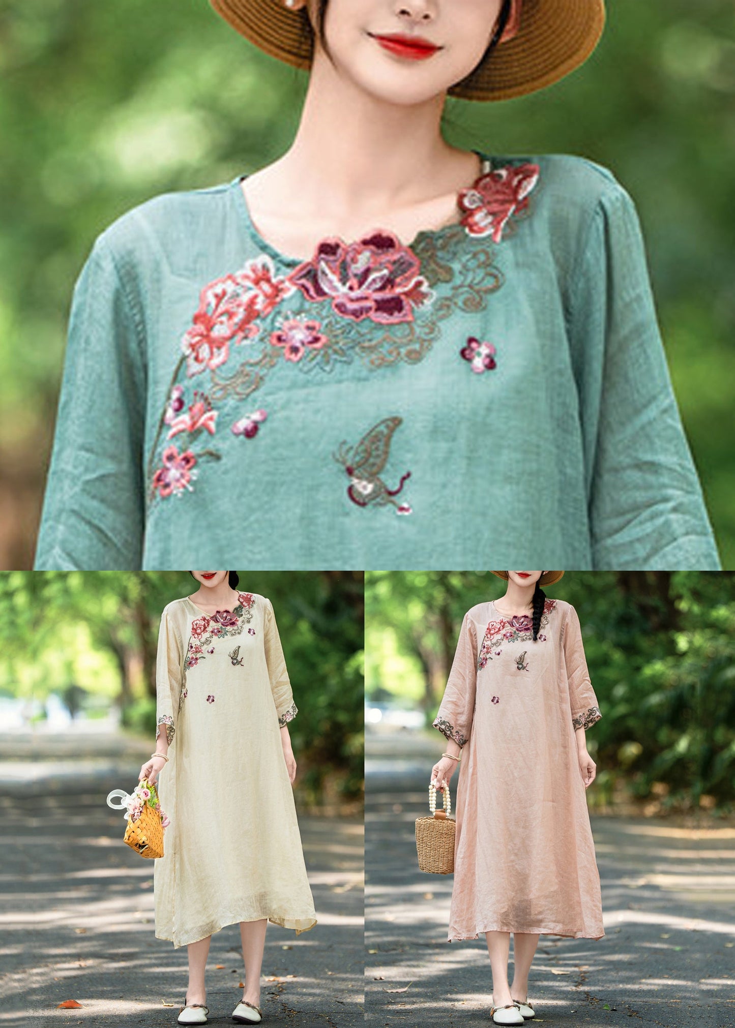 Apricot Side Open Linen Dresses Embroidered Bracelet Sleeve