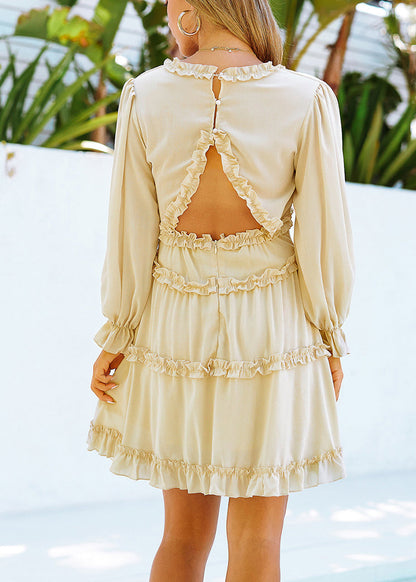 Apricot Slim Solid Mid Dress V Neck Fall