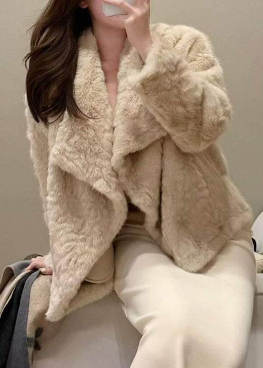 Apricot Solid Warm Leather And Fur Coat Winter