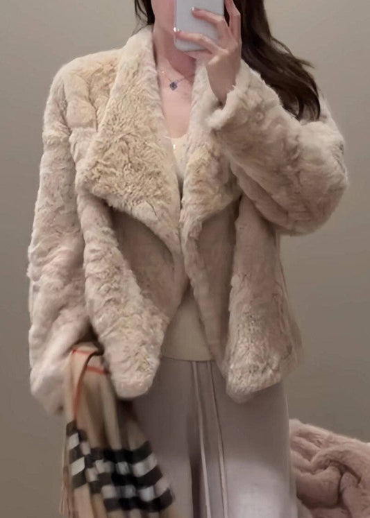 Apricot Solid Warm Leather And Fur Coat Winter