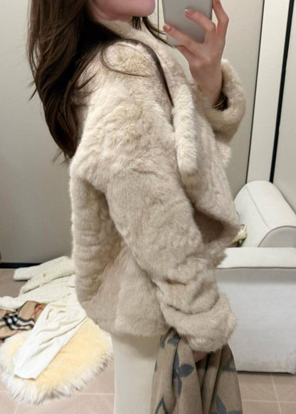 Apricot Solid Warm Leather And Fur Coat Winter