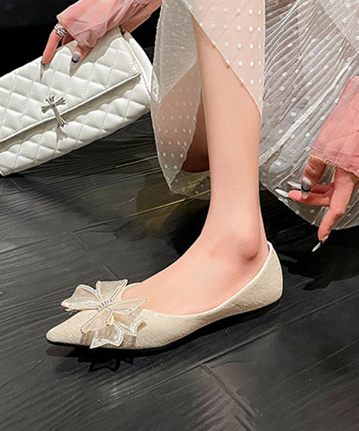Apricot Suede Women Splicing Bow Flat Feet Shoes