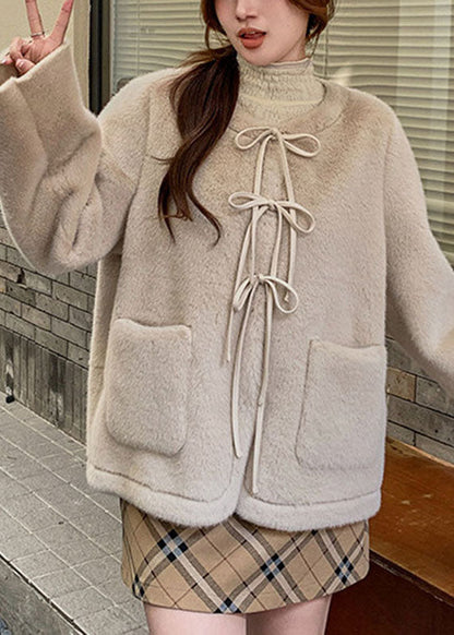 Apricot Tie Lace Pockets Mink Hair Coat Winter