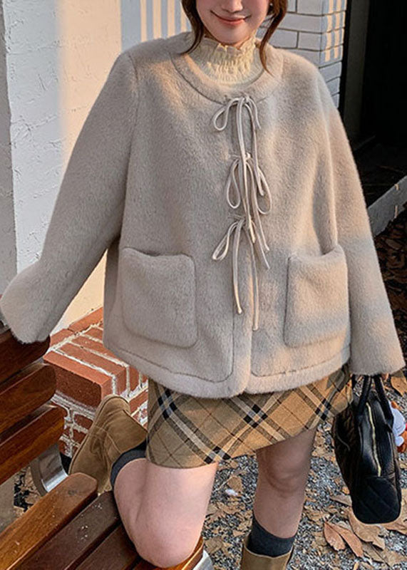 Apricot Tie Lace Pockets Mink Hair Coat Winter