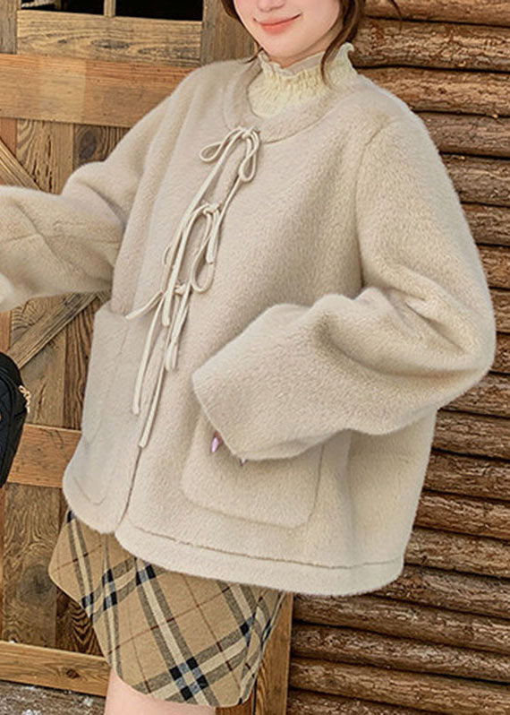 Apricot Tie Lace Pockets Mink Hair Coat Winter