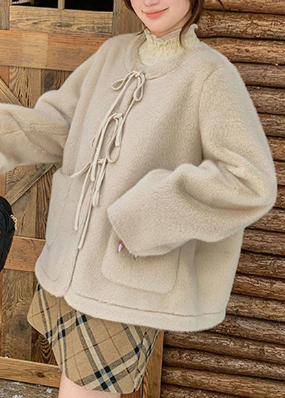 Apricot Tie Lace Pockets Mink Hair Coat Winter
