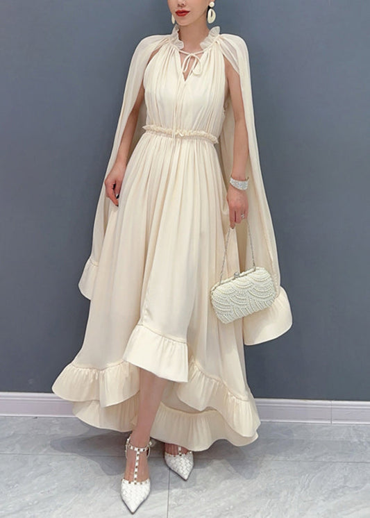 Apricot Tie Lace Ruffled Patchwork Chiffon Long Dresses Cloak Sleeve