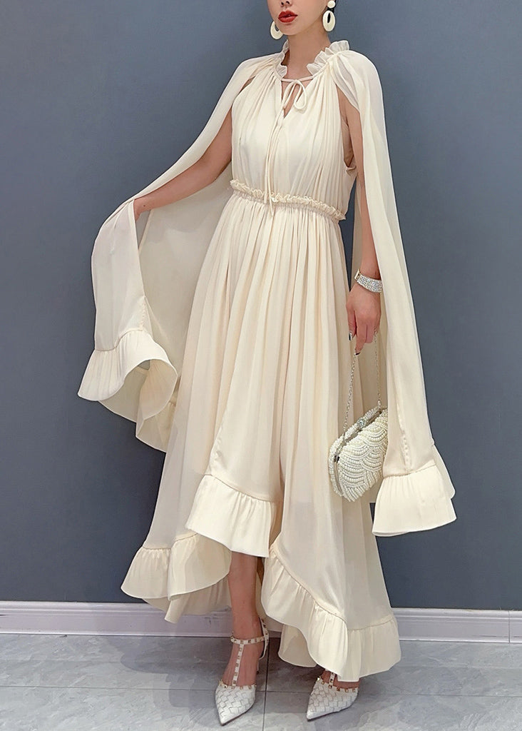 Apricot Tie Lace Ruffled Patchwork Chiffon Long Dresses Cloak Sleeve
