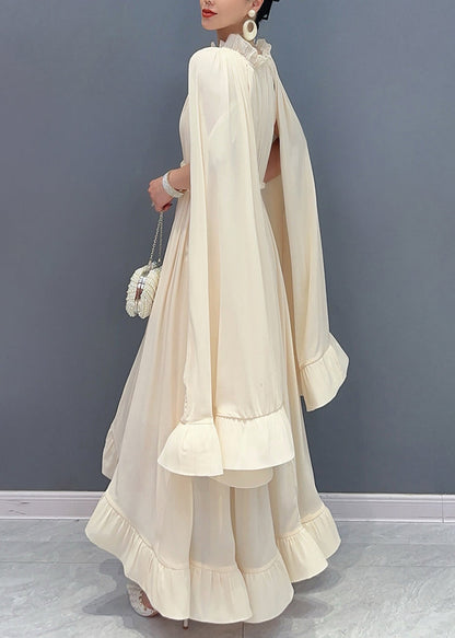 Apricot Tie Lace Ruffled Patchwork Chiffon Long Dresses Cloak Sleeve