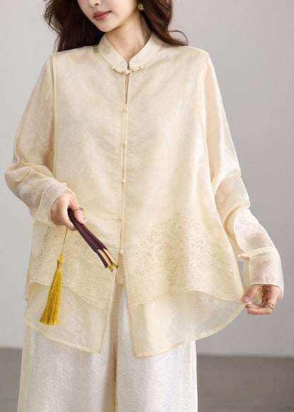 Apricot Top Mandarin Collar Button Nail Bead Embroidered Fake Two Piece Long Sleeve