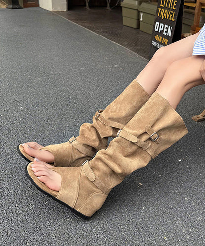 Apricot Wedge Suede Stylish Splicing Suede Peep Toe Boots
