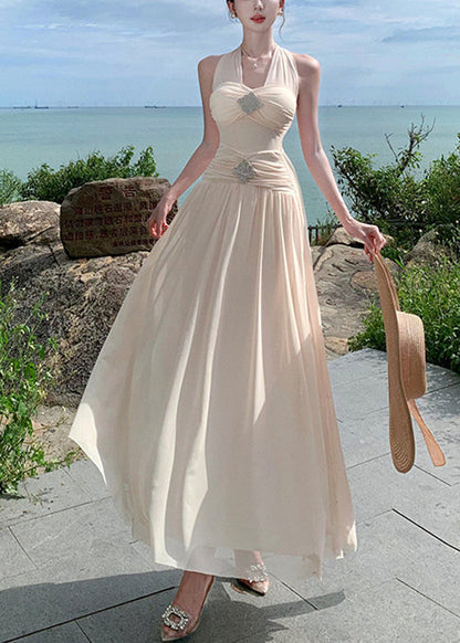 Apricot Wrinkled Cotton Long Dresses High Waist Summer