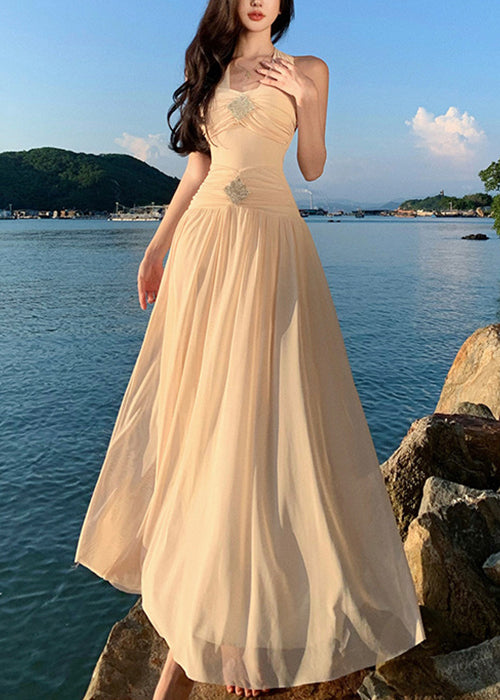 Apricot Wrinkled Cotton Long Dresses High Waist Summer