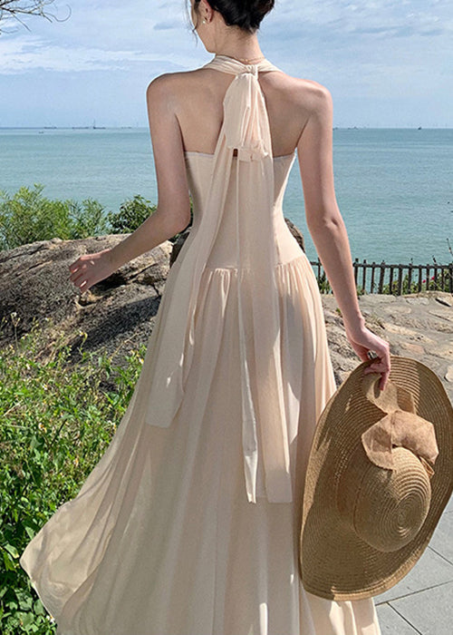 Apricot Wrinkled Cotton Long Dresses High Waist Summer