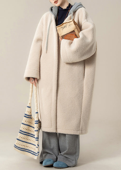 Apricot Zippered Pockets Patchwork Teddy Faux Fur Long Coats Hooded