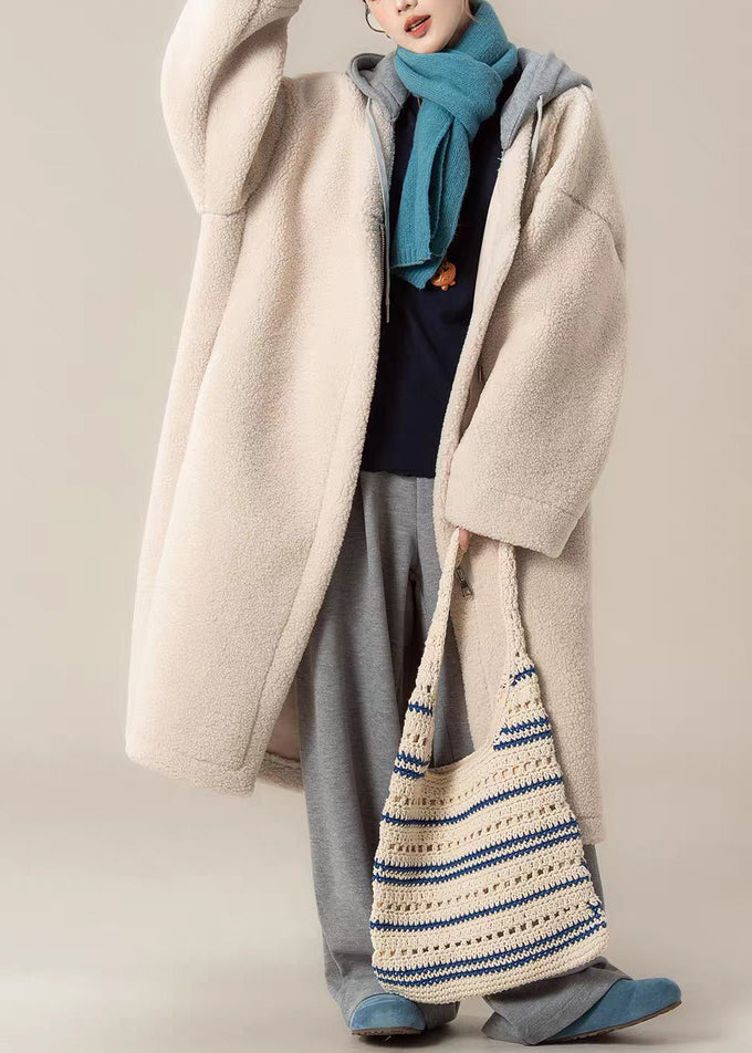 Apricot Zippered Pockets Patchwork Teddy Faux Fur Long Coats Hooded