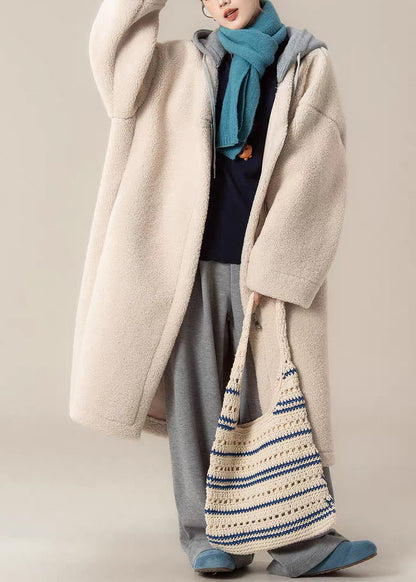 Apricot Zippered Pockets Patchwork Teddy Faux Fur Long Coats Hooded