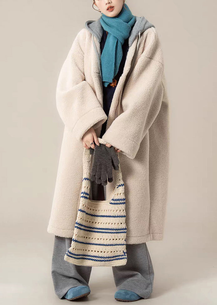 Apricot Zippered Pockets Patchwork Teddy Faux Fur Long Coats Hooded