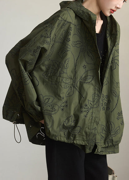 Army Green Cotton Hoodie Coat Embroidered Spring
