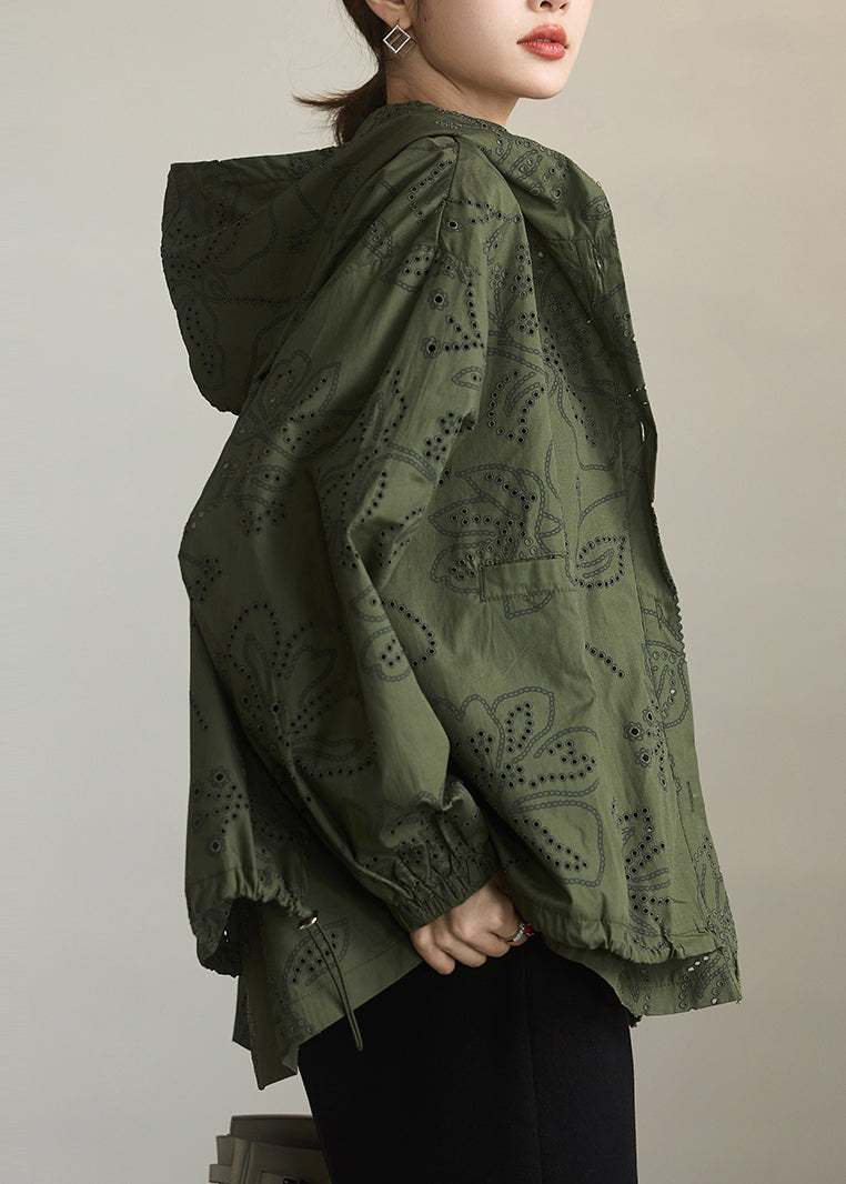 Army Green Cotton Hoodie Coat Embroidered Spring