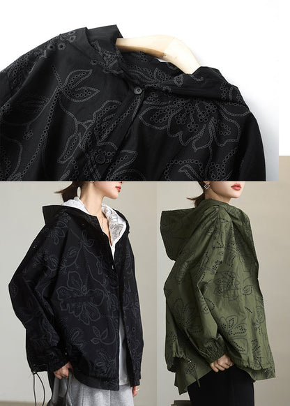 Army Green Cotton Hoodie Coat Embroidered Spring