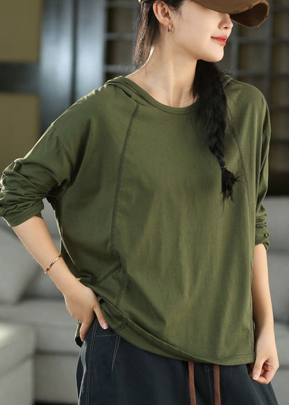 Army Green Cotton Loose Sweatshirts Top Hooded Fall