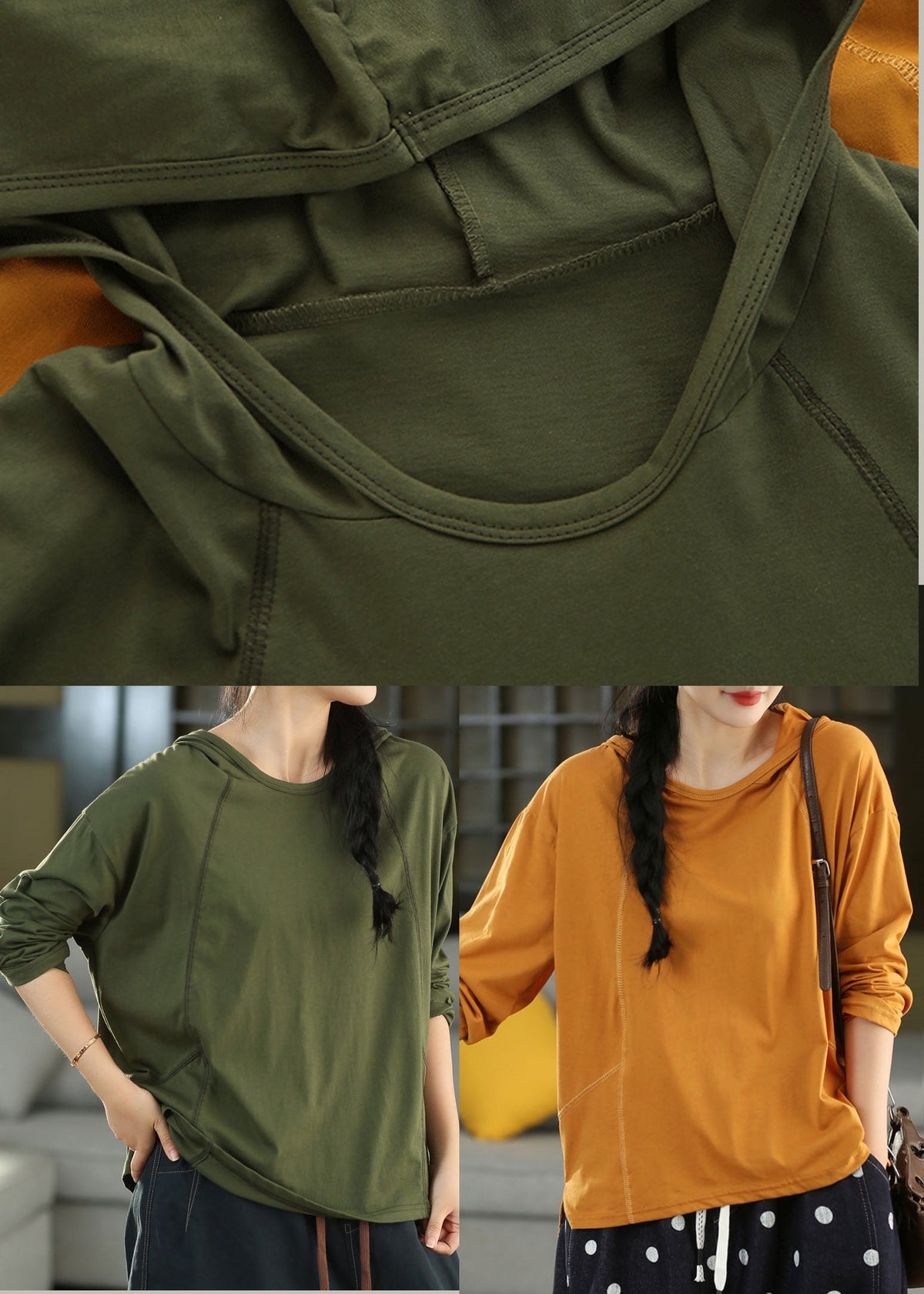 Army Green Cotton Loose Sweatshirts Top Hooded Fall