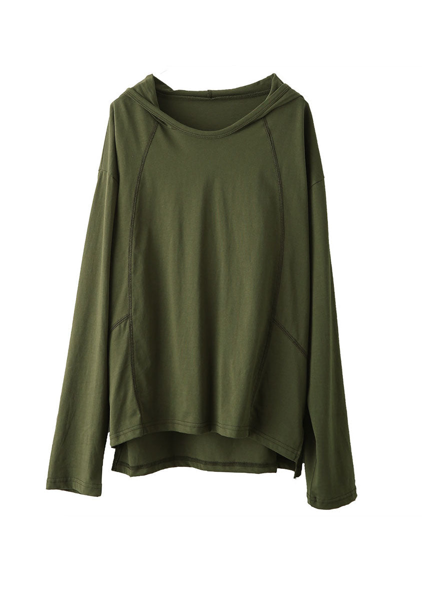 Army Green Cotton Loose Sweatshirts Top Hooded Fall