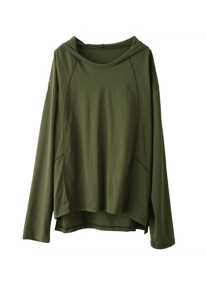 Army Green Cotton Loose Sweatshirts Top Hooded Fall