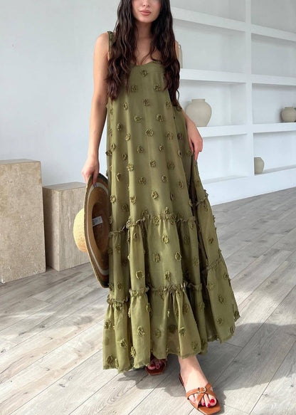 Army Green Floral Cotton Spaghetti Strap Dress Ruffled Summer