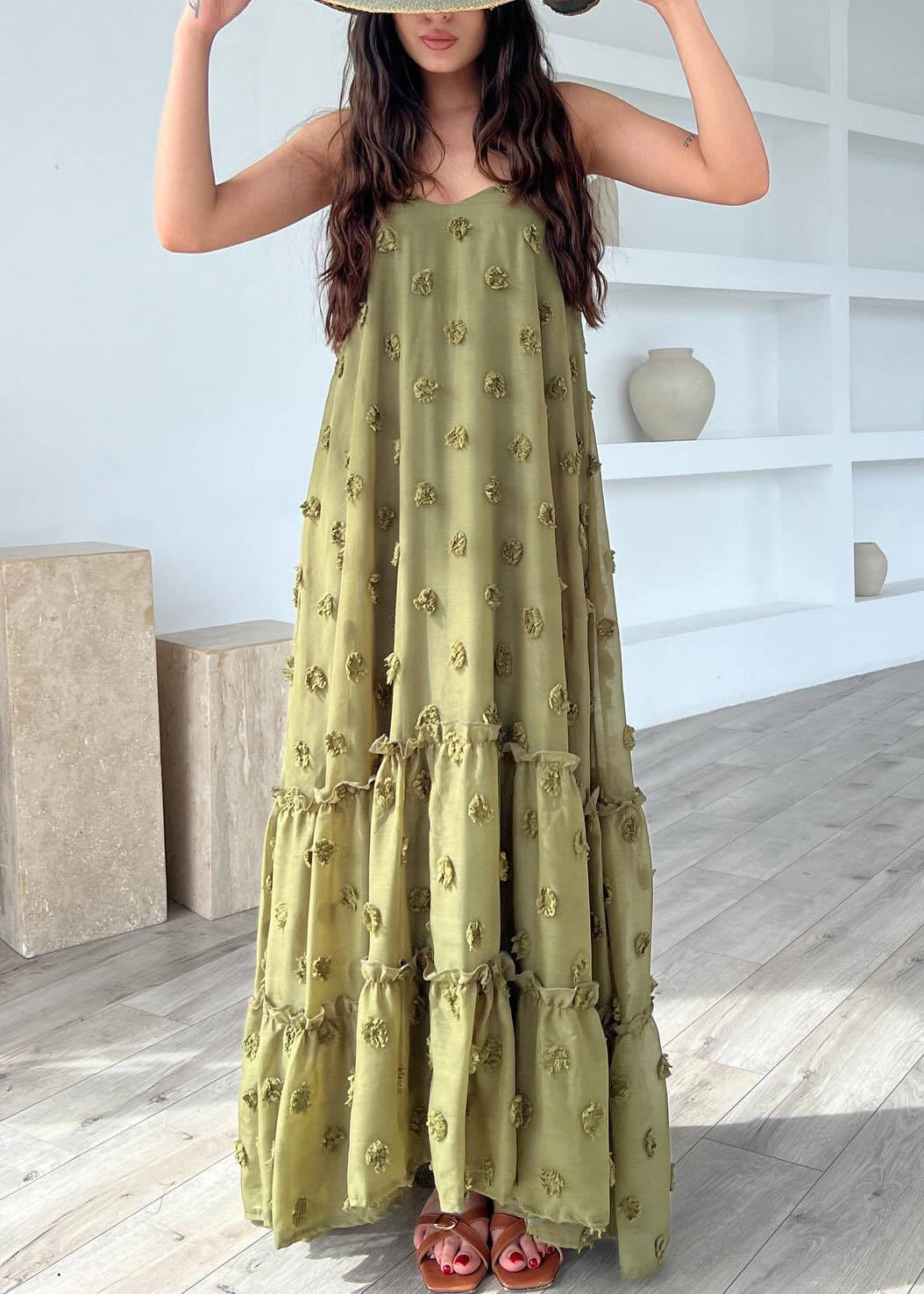 Army Green Floral Cotton Spaghetti Strap Dress Ruffled Summer