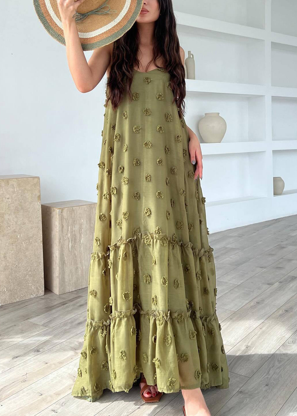 Army Green Floral Cotton Spaghetti Strap Dress Ruffled Summer