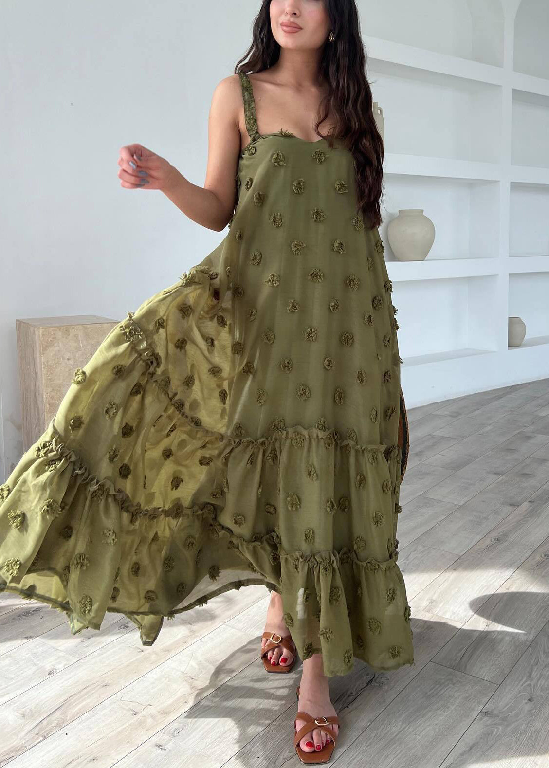 Army Green Floral Cotton Spaghetti Strap Dress Ruffled Summer