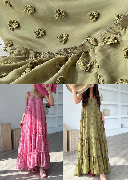 Army Green Floral Cotton Spaghetti Strap Dress Ruffled Summer