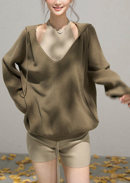Army Green Knit Pullover Streetwear V Neck Hooded Fall
