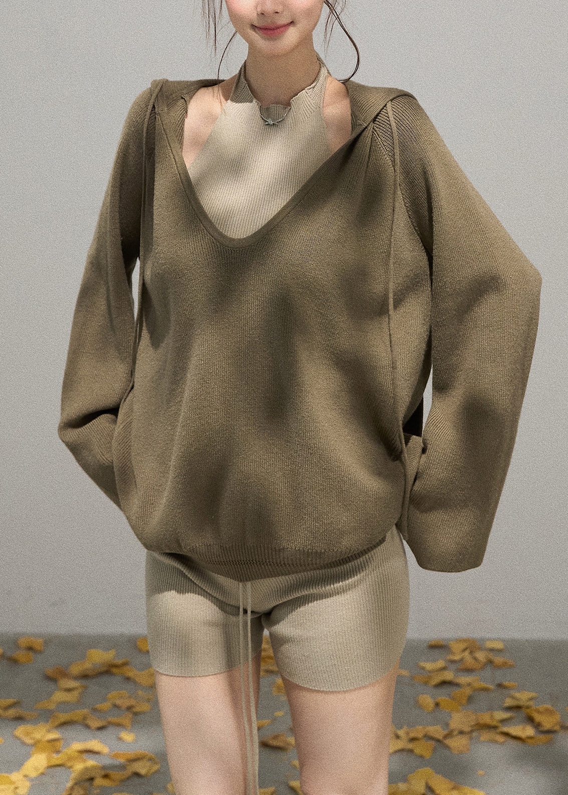 Army Green Knit Pullover Streetwear V Neck Hooded Fall