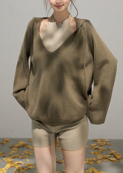 Army Green Knit Pullover Streetwear V Neck Hooded Fall