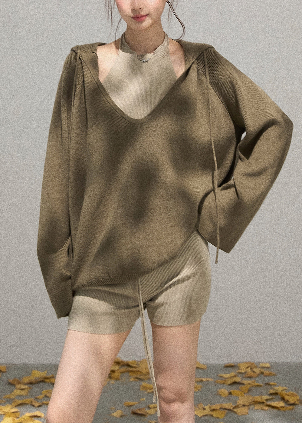 Army Green Knit Pullover Streetwear V Neck Hooded Fall