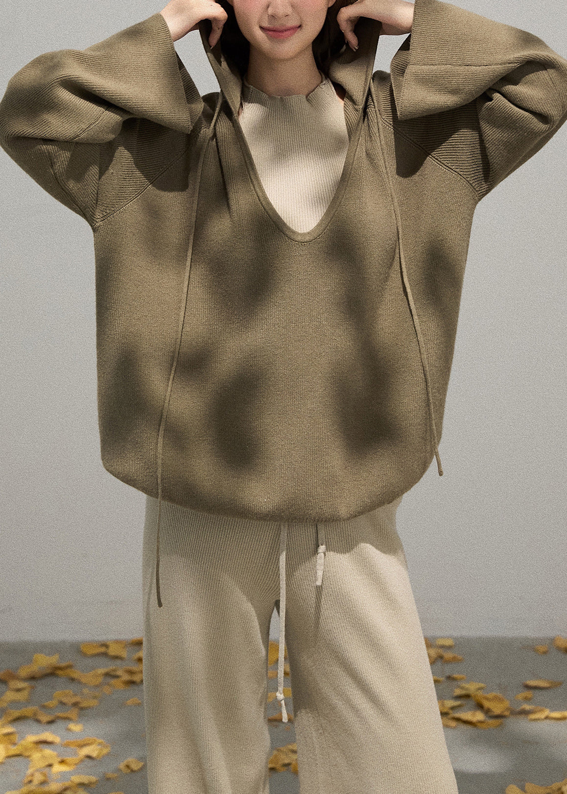 Army Green Knit Pullover Streetwear V Neck Hooded Fall