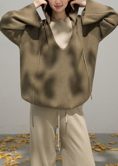 Army Green Knit Pullover Streetwear V Neck Hooded Fall