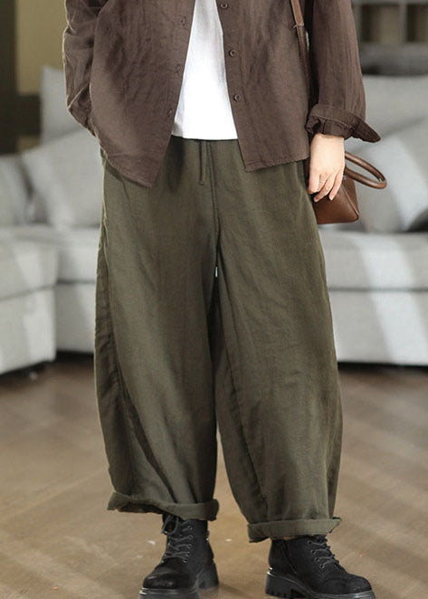 Army Green Linen Pants Oversized Elastic Waist Fall