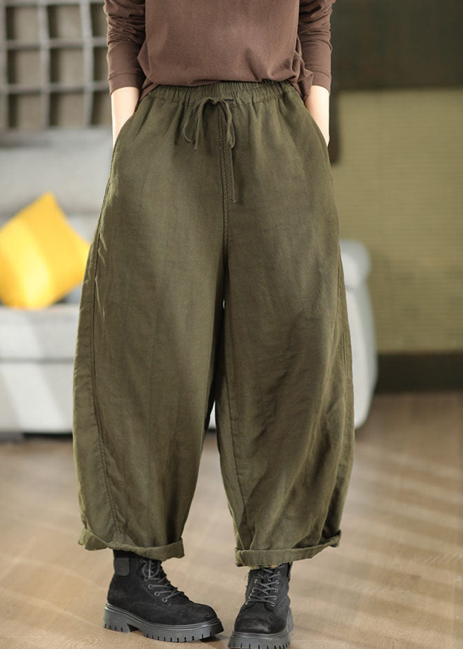 Army Green Linen Pants Oversized Elastic Waist Fall
