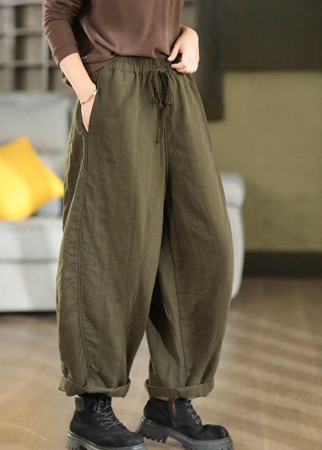 Army Green Linen Pants Oversized Elastic Waist Fall
