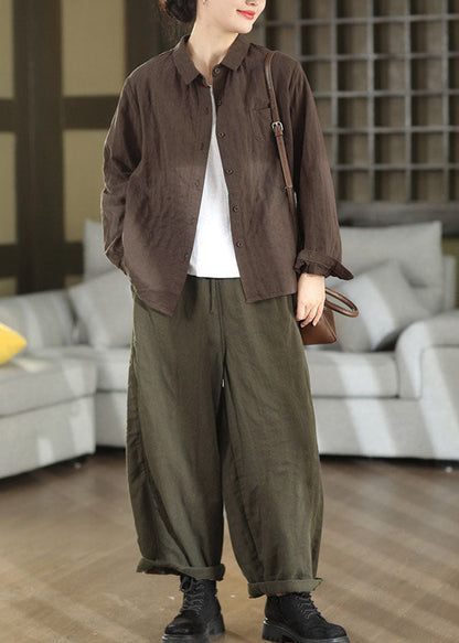 Army Green Linen Pants Oversized Elastic Waist Fall