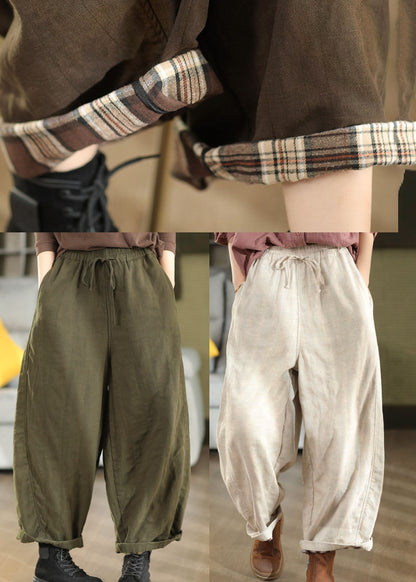 Army Green Linen Pants Oversized Elastic Waist Fall