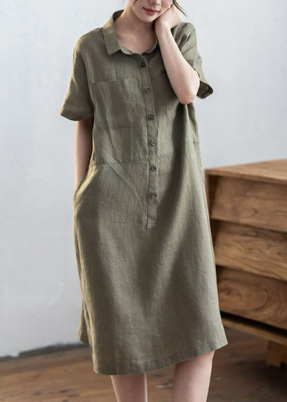 Army Green Linen Straight Dress Oversized Buttons Summer