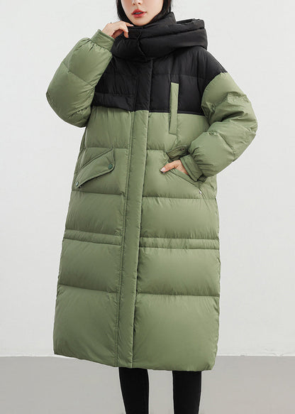 Army Green Patchwork Duck Down Down Coat Hooded Winter