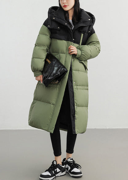 Army Green Patchwork Duck Down Down Coat Hooded Winter