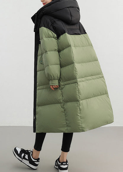 Army Green Patchwork Duck Down Down Coat Hooded Winter