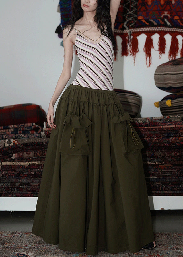 Army Green Pockets Patchwork Cotton Spaghetti Strap Dress V Neck Summer